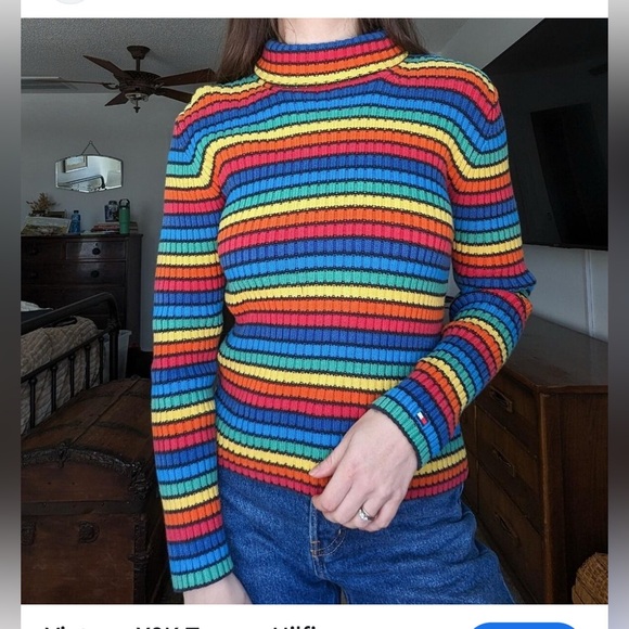 Vintage 00’s Tommy Hilfiger Turtleneck Sweater
Womens Rainbow Striped Ribbed L - Picture 10 of 12